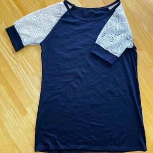 White Lace Sleeved Navy T-Shirt